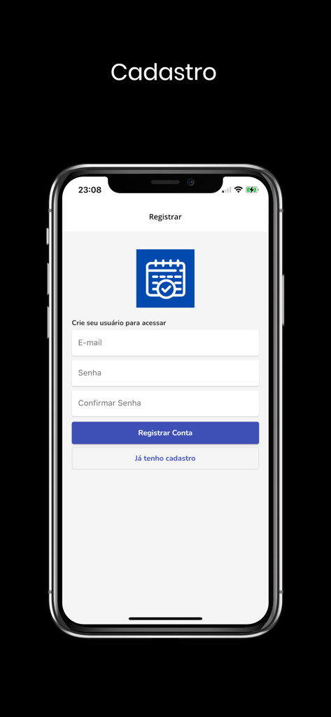Pantalla de registro de la aplicación Agenda de Clientes e Servicos mostrando campos de inicio de sesión con correo electrónico y contraseña