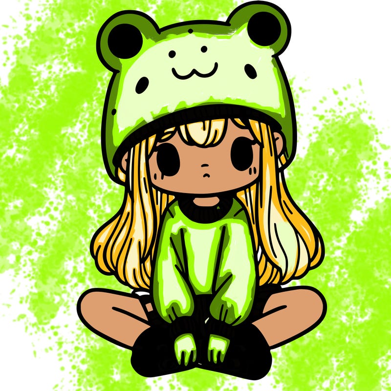 a girl wearing a frog hat and some frog socks