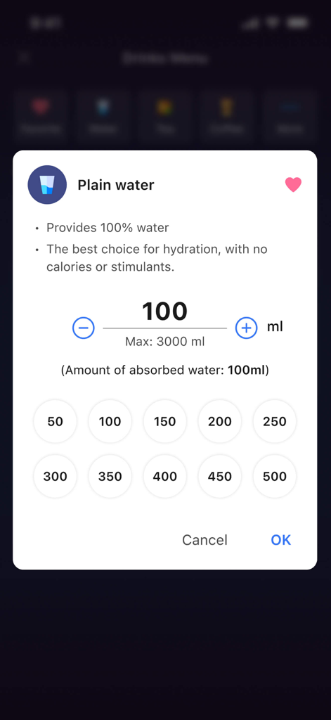 Drink water: Drinking reminder - Interface de l'application Drink water pour enregistrer la consommation d'eau pure en millilitres.
