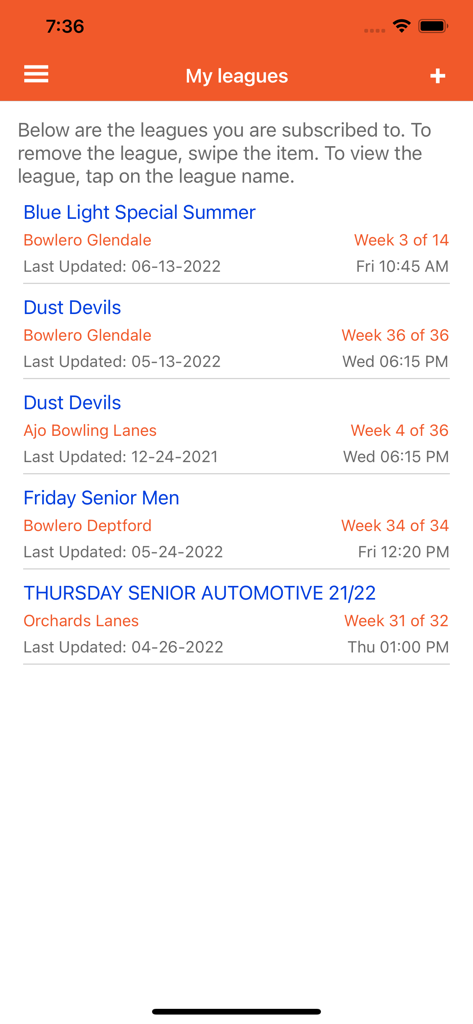 League Secretary - Screenshot of the My Leagues screen in the League Secretary app showing a list of subscribed bowling leagues with their locations and update status