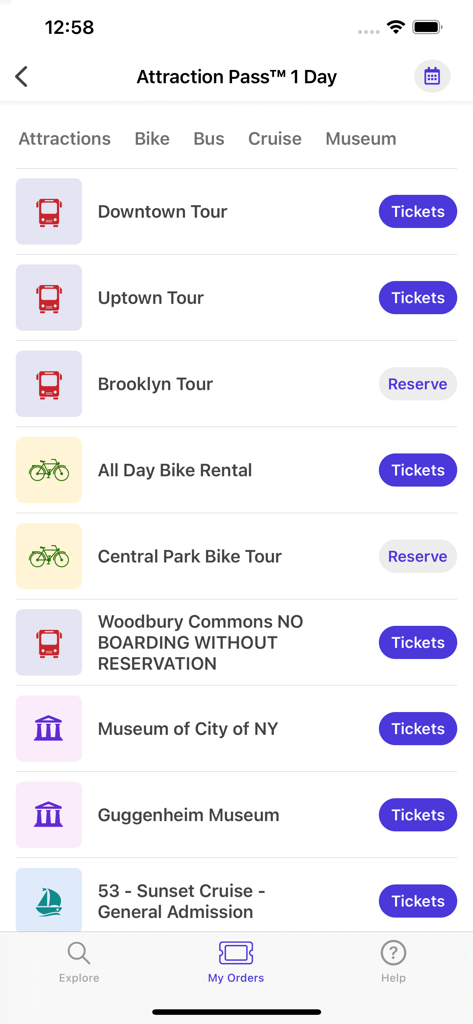 TopView Sightseeing - TopView Sightseeing app showing a list of NYC tours and attractions included in the one day pass
