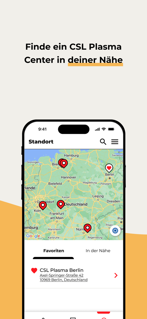 Mein CSL Plasma - Mobile app screen showing a map of Germany with CSL Plasma donation center locations