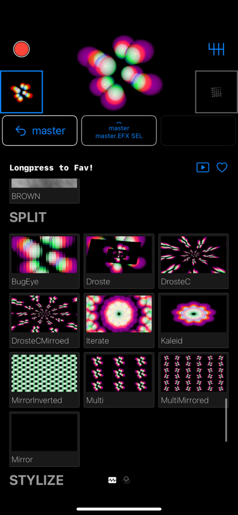 100VJ - Interface of 100VJ app showing a selection of real-time visual effects for VJs