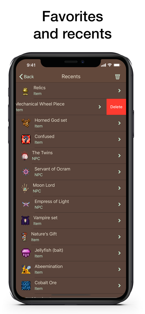 Screenshot dell'app Pocket Wiki per Terraria che mostra l'elenco degli oggetti e degli NPC visualizzati di recente su un iPhone