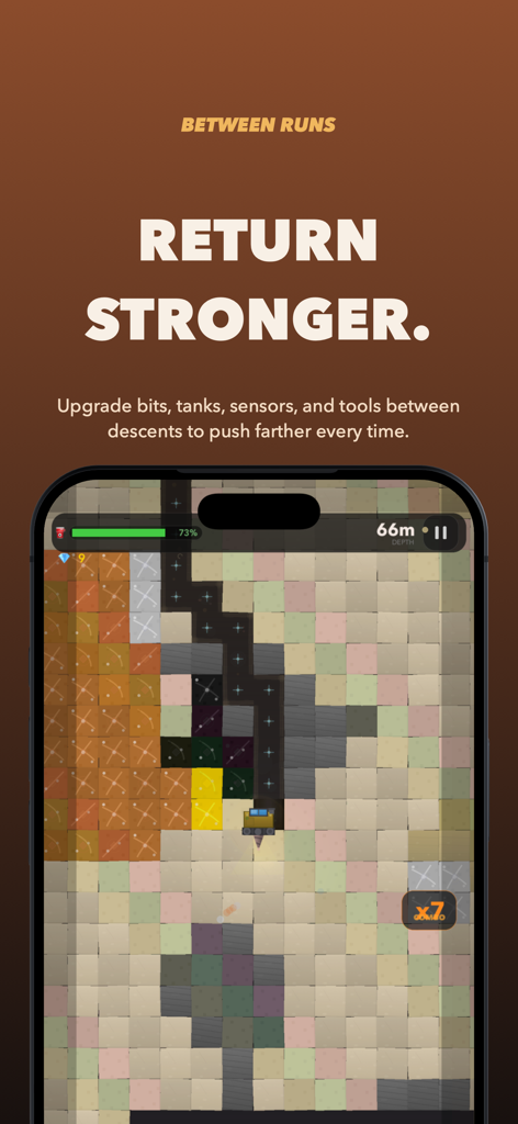 Digline: Cozy Mining - A smartphone screen showing gameplay of Digline Cozy Mining with a drill vehicle digging through colored blocks and text about upgrading between runs