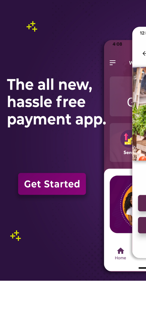 FlexiPAY App - FlexiPAY app introduction screen featuring the slogan The all new hassle free payment app and a Get Started button