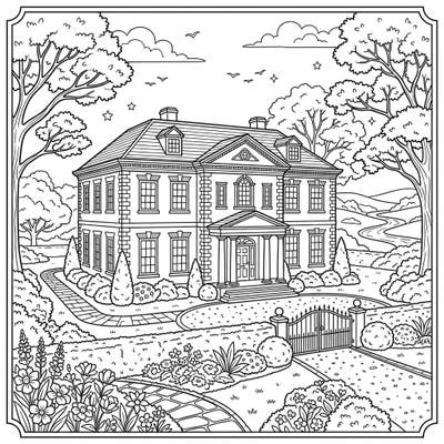 Discover the elegance of 18th-century architecture with this beautiful Georgian mansion coloring page. Immerse yourself in a serene garden setting as you bring this stately home to life with your favorite colors.