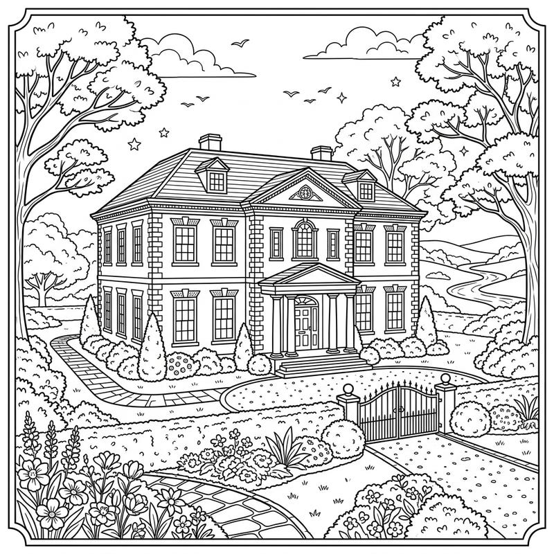 Discover the elegance of 18th-century architecture with this beautiful Georgian mansion coloring page. Immerse yourself in a serene garden setting as you bring this stately home to life with your favorite colors.