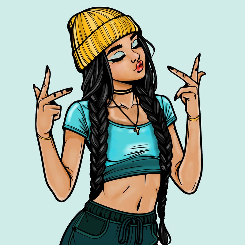realistic teenage girl with braids and a beanie and crop top doing 🫶🏼
