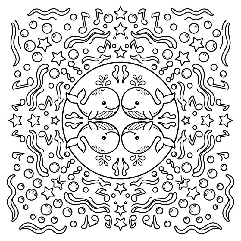 Let your child explore the magic of the ocean with this enchanting Kids Whale Songs Mandala coloring page. Featuring friendly whales and musical notes in a symmetrical design, it offers a delightful creative challenge for young artists.