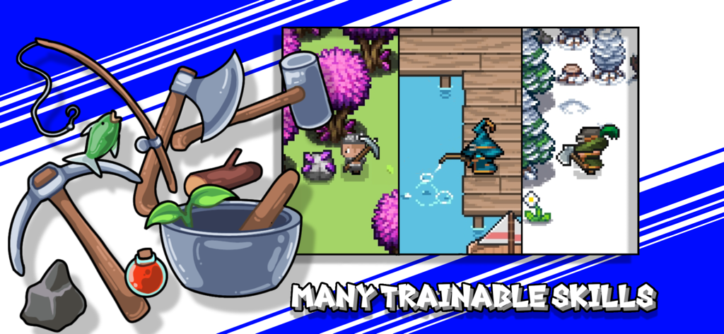 Curse of Aros - Jugabilidad de Curse of Aros que muestra habilidades entrenables de arte de píxeles como minería, pesca y corte de madera