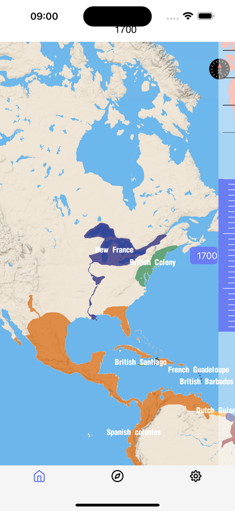 Historical map display of North America in 1700 highlighting colonial borders