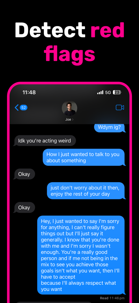 He Texted - Get the Truth - He Texted app interface showing a text conversation with a detect red flags headline