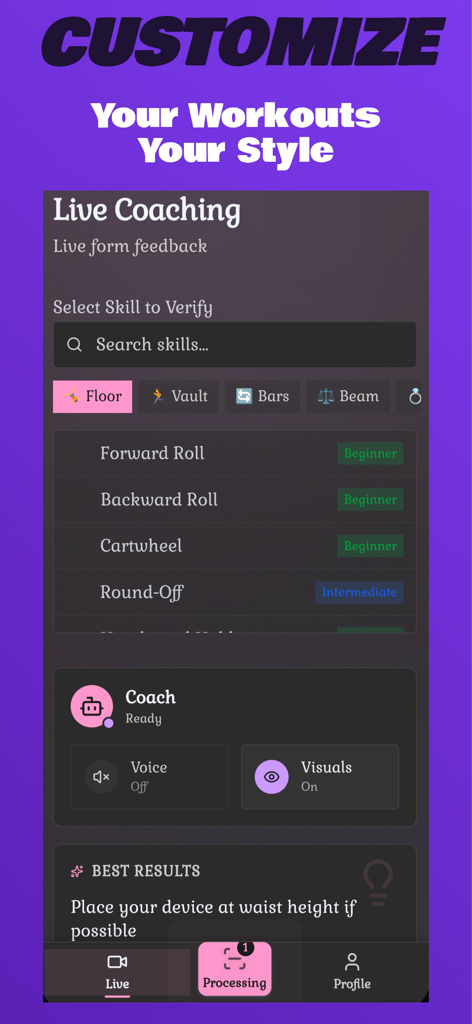 Screen showing live coaching customization and skill selection for gymnastics floor exercises.