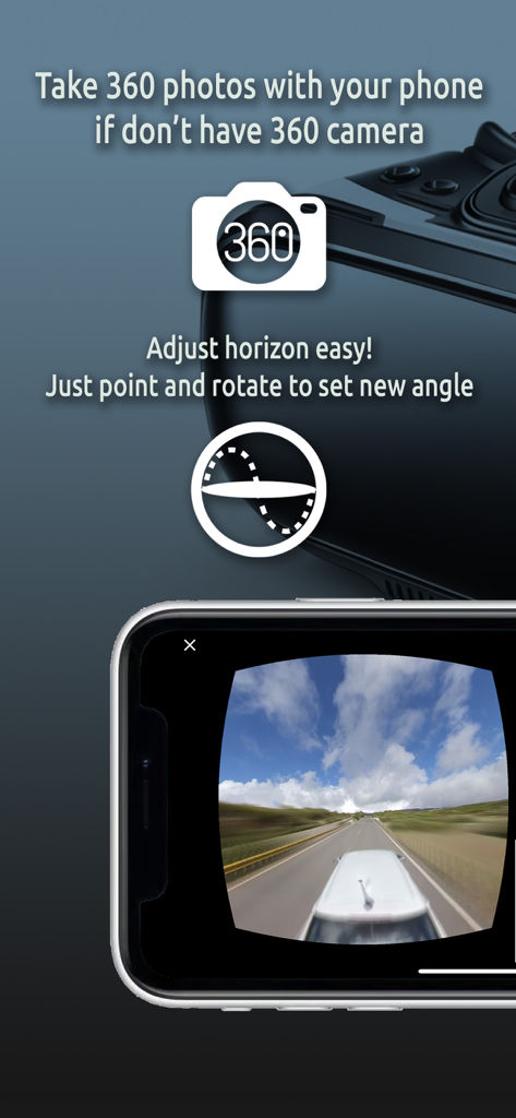 Simple 360 VR Media Player App - Interfaz de la aplicación móvil que muestra cómo tomar fotos 360 y ajustar el horizonte para la visualización en realidad virtual.