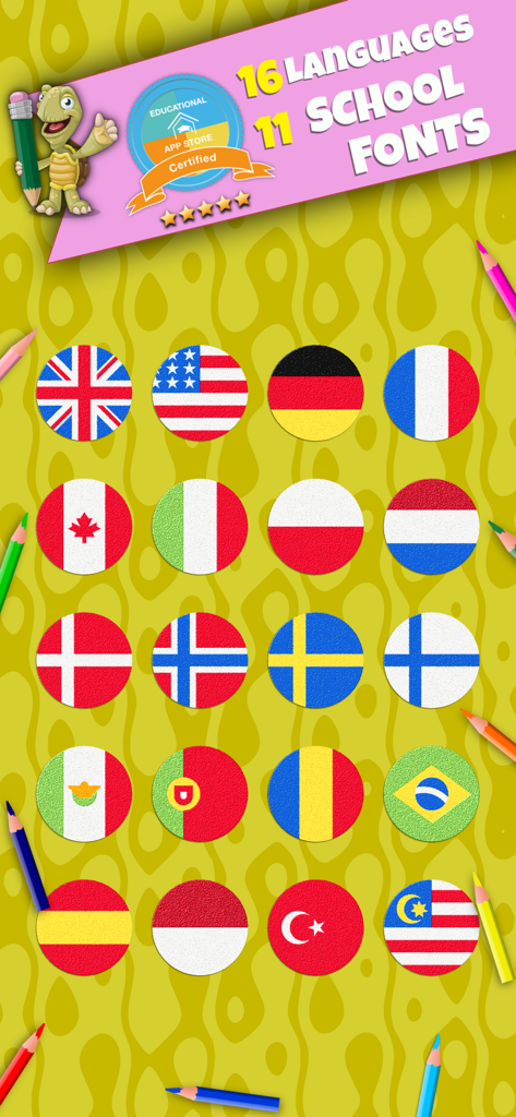 LetraKid: Kids Writing Letters - A screen from the LetraKid app showing icons for 16 different languages and 11 school fonts with an educational certification seal