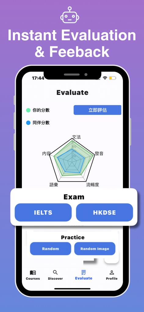 Sayo - Speak and Learn English - Sayo app screenshot showing instant AI evaluation and feedback on English speaking skills with a performance radar chart and exam prep buttons