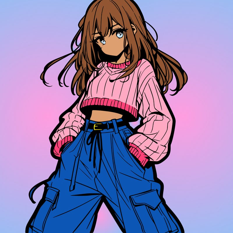 anime teen girl with baggy pants and crop top with sweater