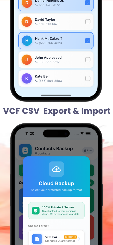 Contacts Backup : Pro - Contacts Backup Pro app interface showing contact list selection and cloud backup export options in VCF and CSV formats.