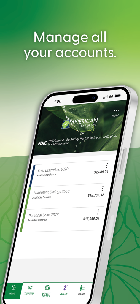 American Savings Bank Hawaii mobile app dashboard showing account balances for savings and loans