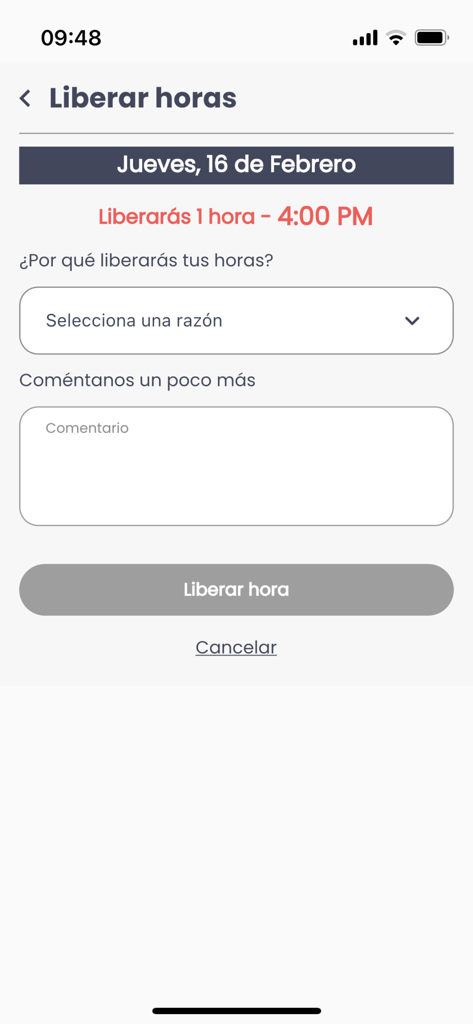 UbyCall - UbyCall mobile app screen for releasing scheduled work hours with reason selection and comment box