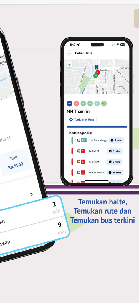 TJ:Transjakarta - Transjakarta mobile app showing real-time bus arrivals and stop information in Jakarta.