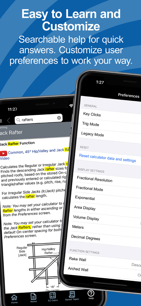 Construction Master Pro Calc - Searchable help and user preferences screens in the Construction Master Pro app