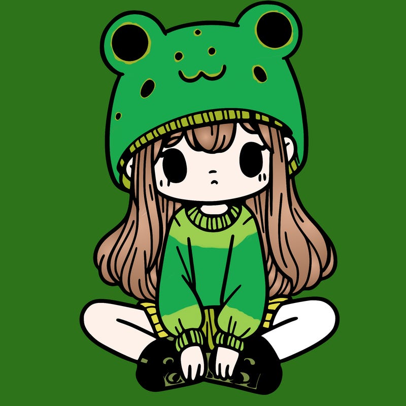 a girl wearing a frog hat and some frog socks