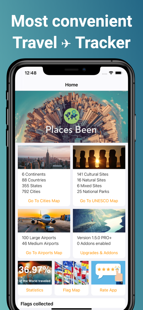 Places Been - Travel Tracker - Home screen of the Places Been app showing travel statistics for countries cities and UNESCO sites