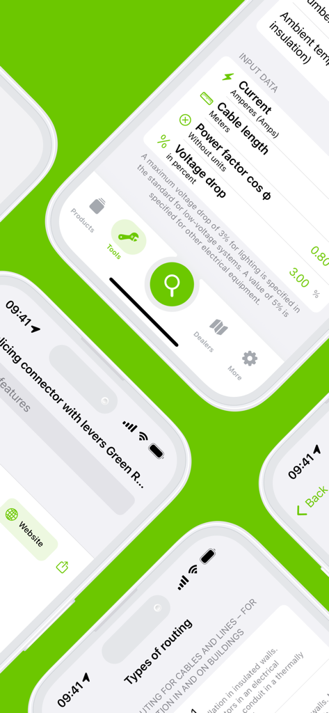 WAGO - Oberflächenansichten der WAGO App, die Elektroplanungsrechner und technische Produktdaten für Profis zeigen