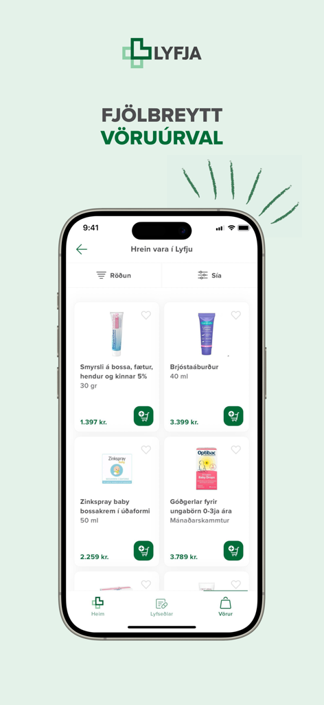 Lyfja hf. - Interfaz de la aplicación móvil Lyfja que muestra una amplia selección de productos de farmacia, incluidos artículos para el cuidado del bebé