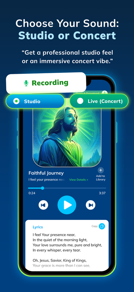Christian Song Maker: AI Music - Interface of the Christian Song Maker app showing options to choose between studio and live concert recording styles for AI music