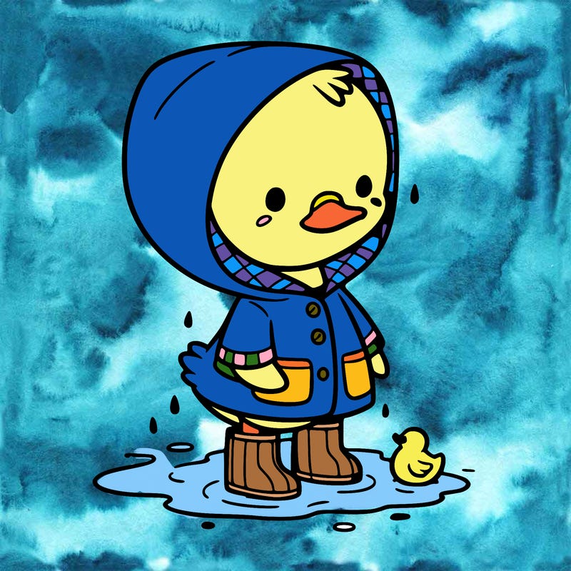 baby duck in a rain coat and boots, in a puddle while it’s raining