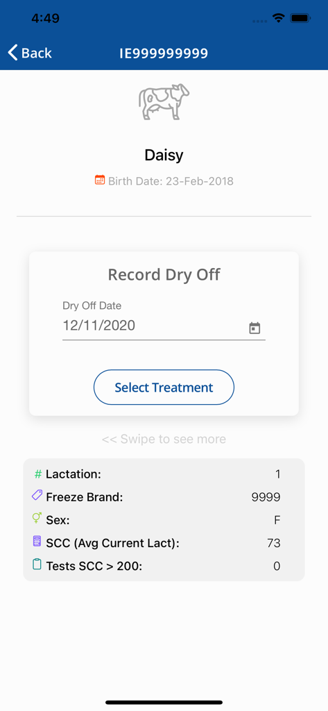 ICBF HerdPlus - Registrar la fecha de secado y el tratamiento de una vaca en la aplicación móvil ICBF HerdPlus.