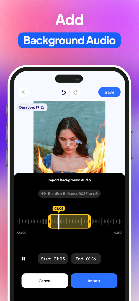 Reverse: Video Reverser - Ein Smartphone-Bildschirm, der die Funktion zum Hinzufügen von Hintergrundaudio in der Reverse App anzeigt