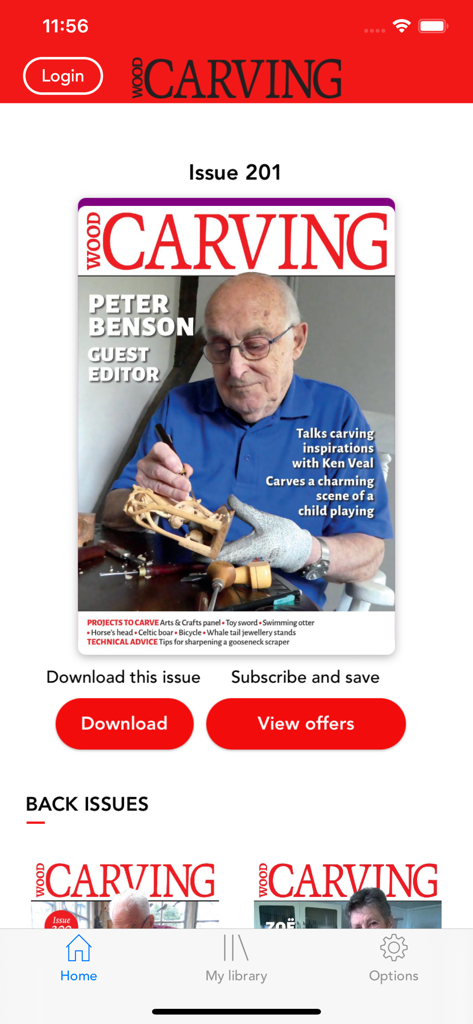 Woodcarving Magazine - The home screen of the Woodcarving Magazine app showing the current issue cover and back issues section.