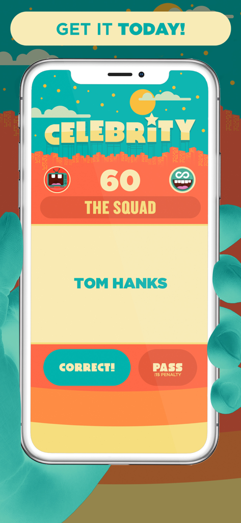 Celebrity: Party Game - Captura de pantalla de Celebrity Party Game que muestra el nombre de la celebridad Tom Hanks y un temporizador de 60 segundos para un juego de fiesta