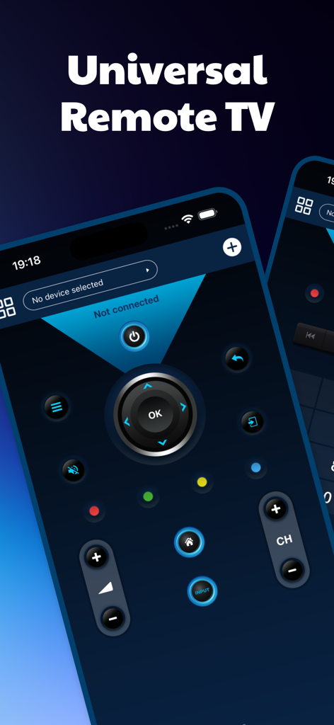 Universal Remote for Smart TV. - Interfaz de la aplicación Control Remoto Universal para Smart TV que muestra controles digitales de volumen, canal y navegación en la pantalla de un smartphone.