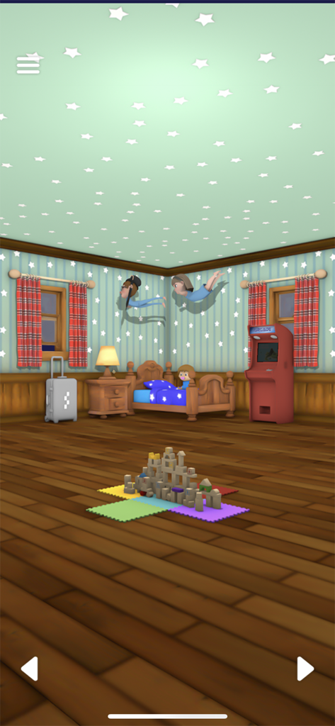 Una caprichosa escena de un dormitorio infantil con personajes voladores y un puzle de bloques de madera en el suelo del juego de escape de Peter Pan