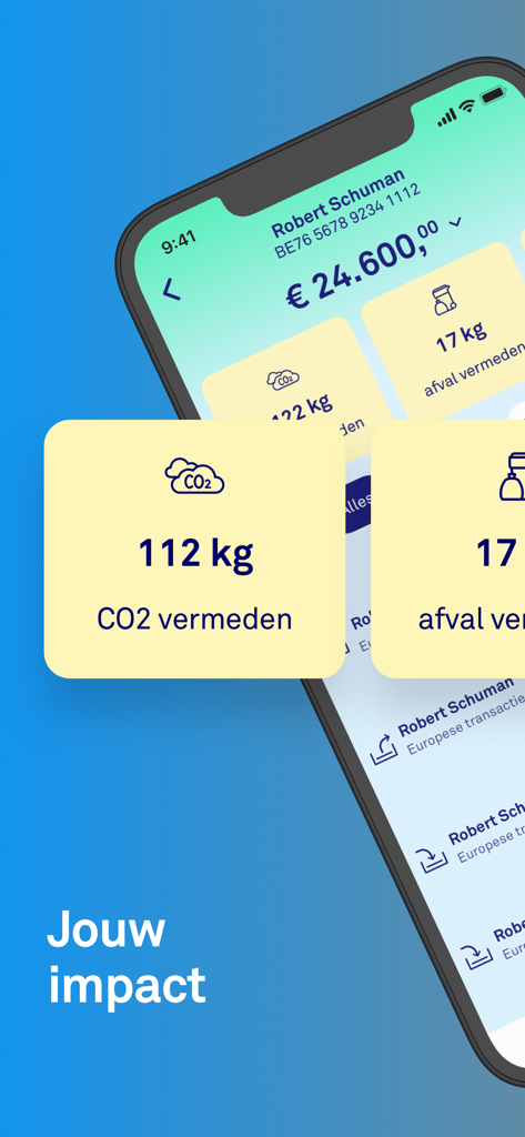Triodos Banking BE - Interfaz de la aplicación móvil Triodos Banking que muestra métricas de impacto ambiental como reducción de CO2 y residuos.