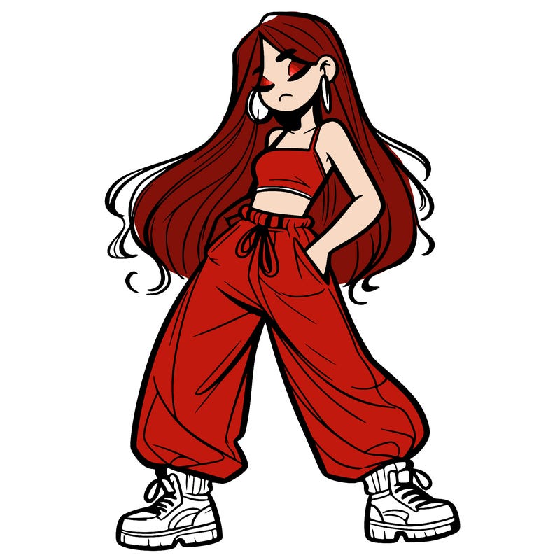 girl in baggy pants crop top and long hair
