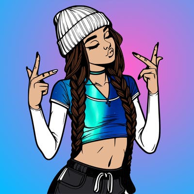 realistic teenage girl with braids and a beanie and crop top doing 🫶🏼