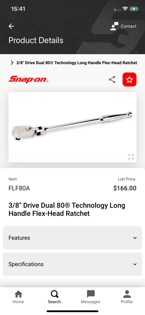 Snap-on - Snap-on Connectモバイルアプリ。ロングハンドルフレックスヘッドラチェットの製品詳細と価格が表示されています。