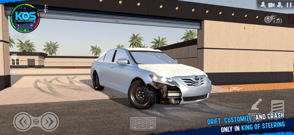 Silver sedan showing front crash damage in the King Of Steering Hajwala drifting game