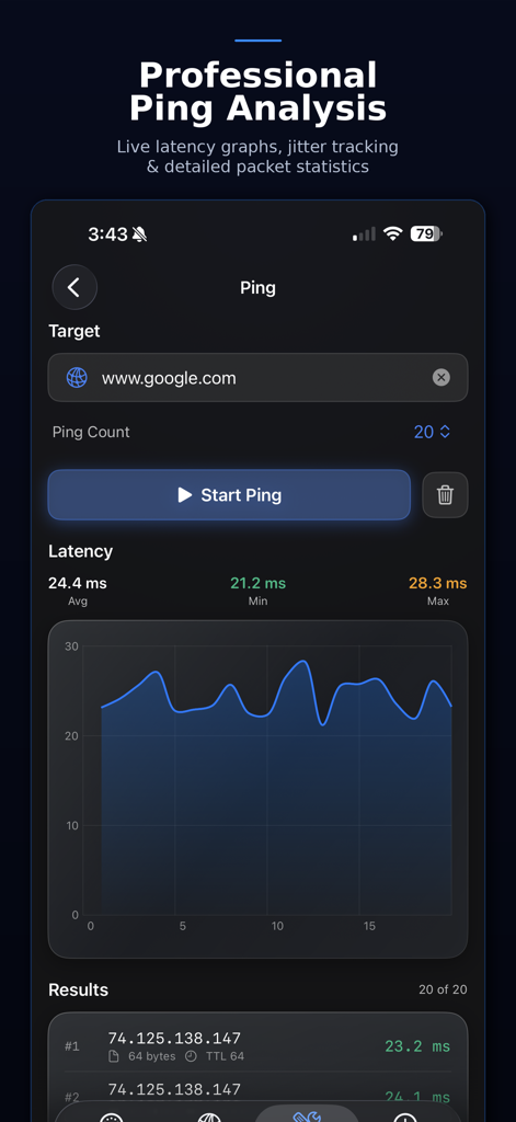 Interface of NetMonitor Mobile showing professional ping analysis with a live latency graph and packet statistics.