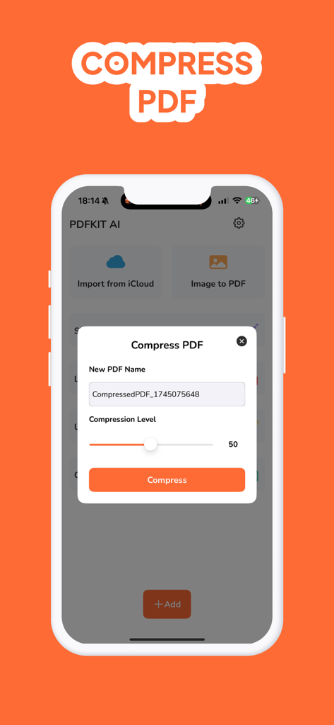 PDFKit: Convert Picture to PDF - Interfaz de la aplicación móvil PDFKit mostrando la función Comprimir PDF con un control deslizante de nivel de compresión y un campo para el nombre del archivo