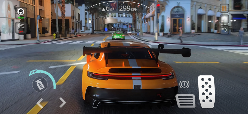 An orange sports car with a large spoiler driving through a city street at night in Car Driving School Open World.