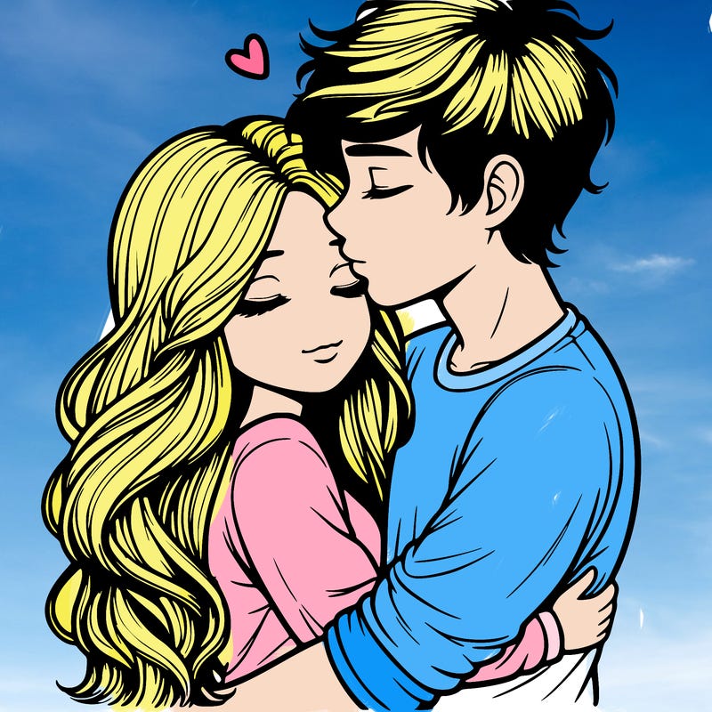 a realistic couple boy and girl hugging and kissing