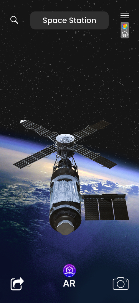 Star Gazer: Sky Map& Astronomy - Un modèle 3D d'une station spatiale en orbite autour de la Terre dans l'interface de l'application Star Gazer