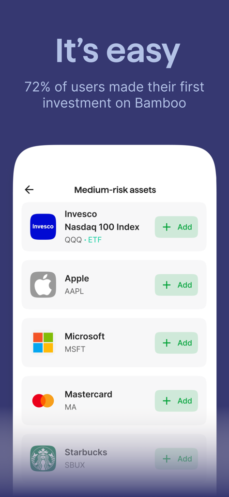 Bamboo app screen displaying a list of medium risk stocks and ETFs for investment